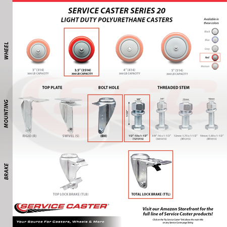 Service Caster 3.5 Inch Red Polyurethane Swivel ½ Inch Stem Caster with Total Lock Brake SCC SCC-TSTTL20S3514-PPUB-RED-121315